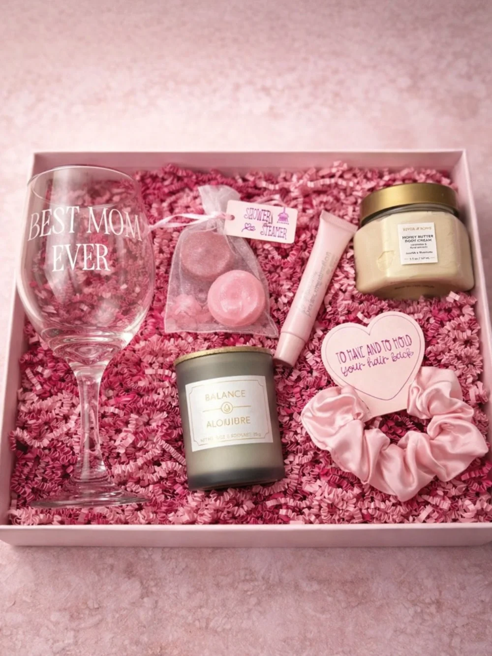 Mothers Day Gift Box for Mom Personalized Wine Glass Spa Gift Set Card